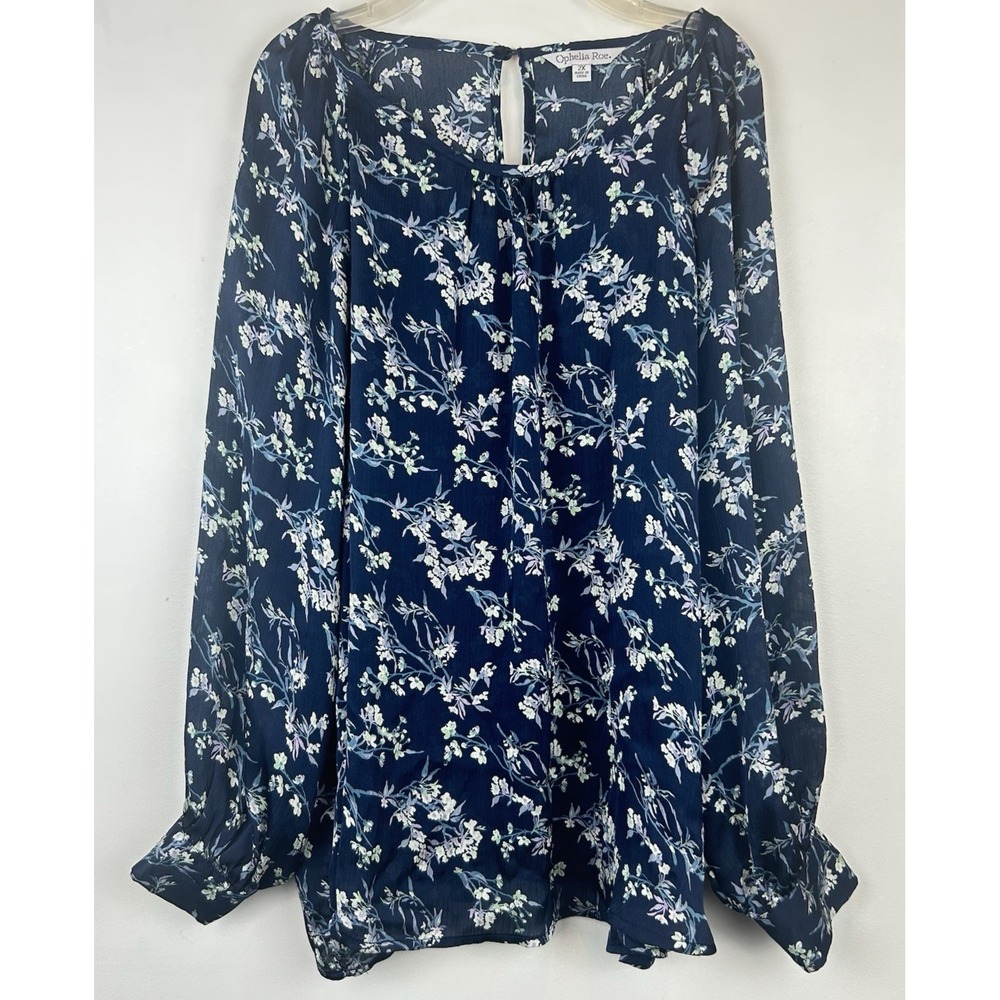 Ophelia Roe Top Womens 2X Floral Blouse Plus Navy Blue Career Office